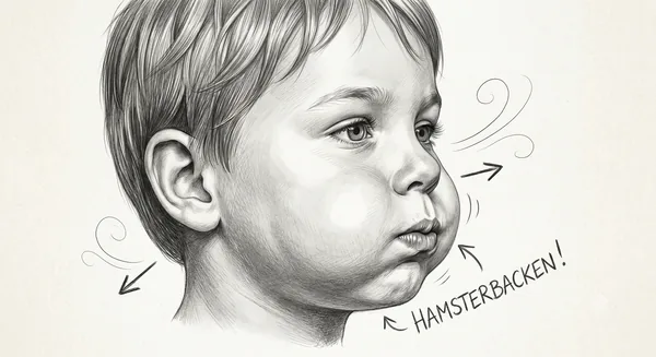 Illustration: Aufgeblasene Wangen bei geschlossenen Lippen
